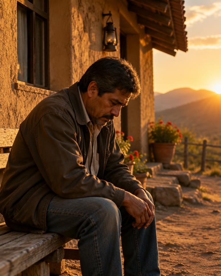 Hombre rezando en un banco al atardecer